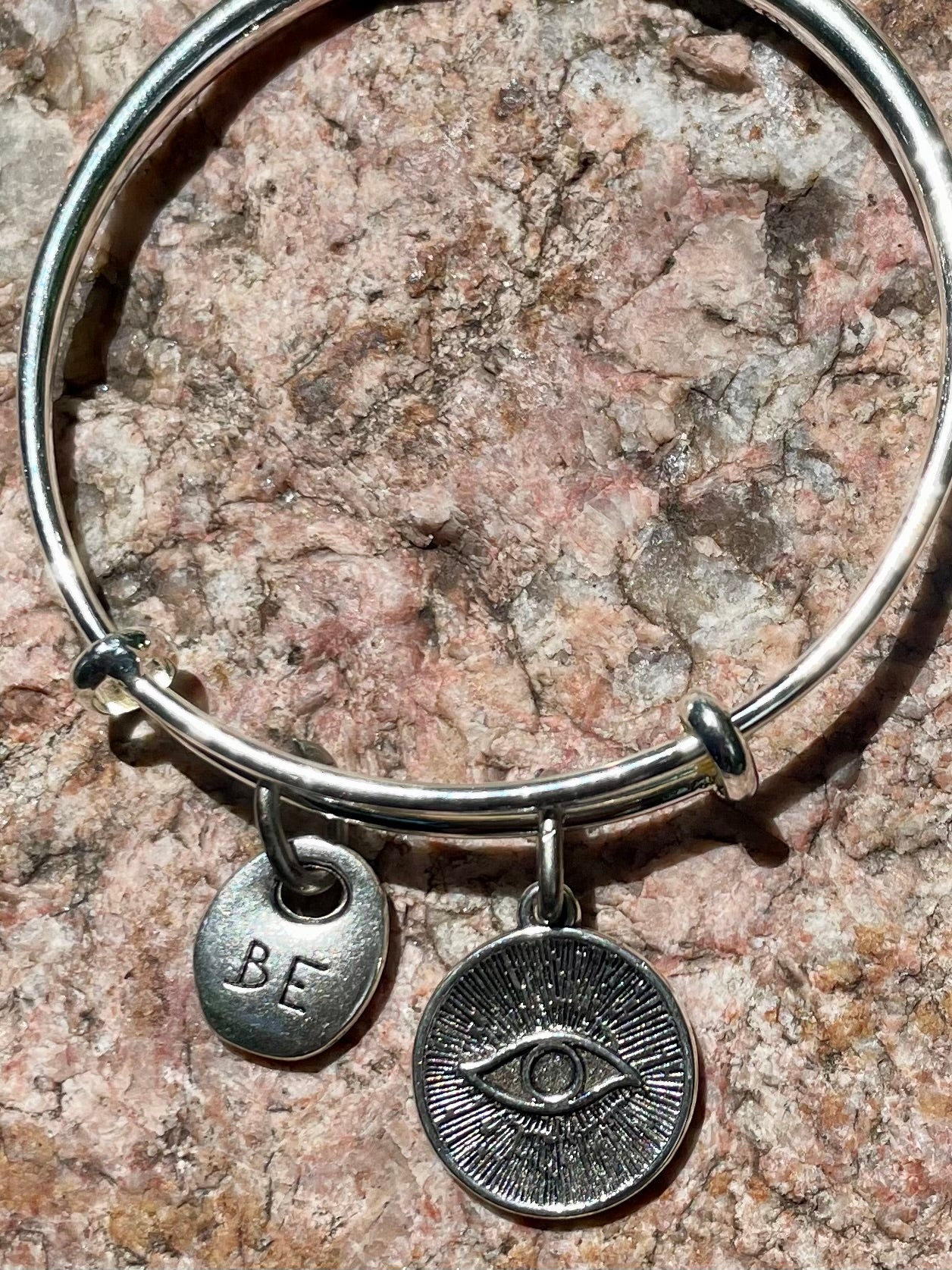 “Be” Silver Bangle Charm Bracelet.