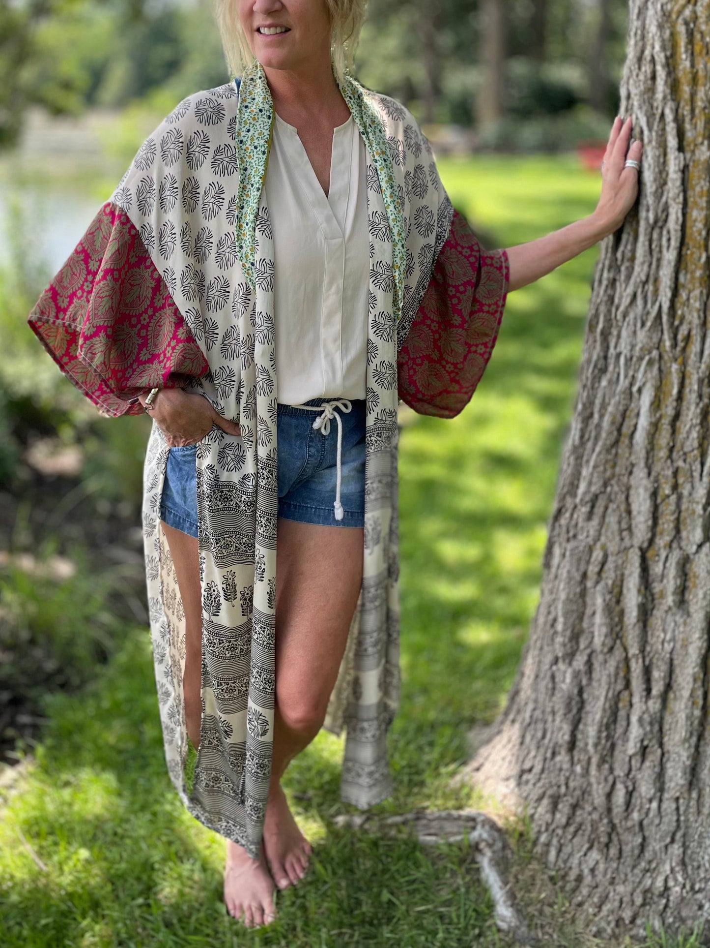 The Hey Delilah Silk Duster Kimono - Rust, Black , Creme