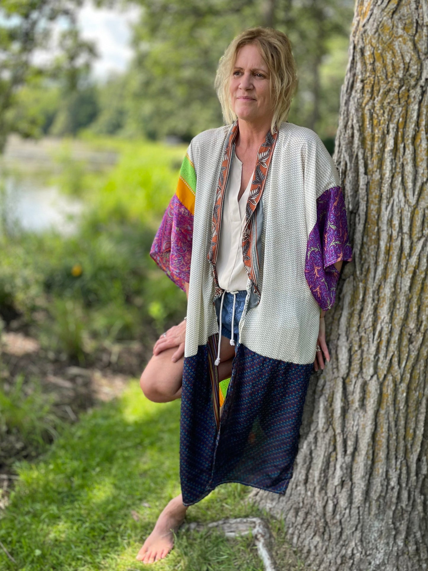 The Hey Delilah Silk Duster Kimono -Creme, Navy, Purple