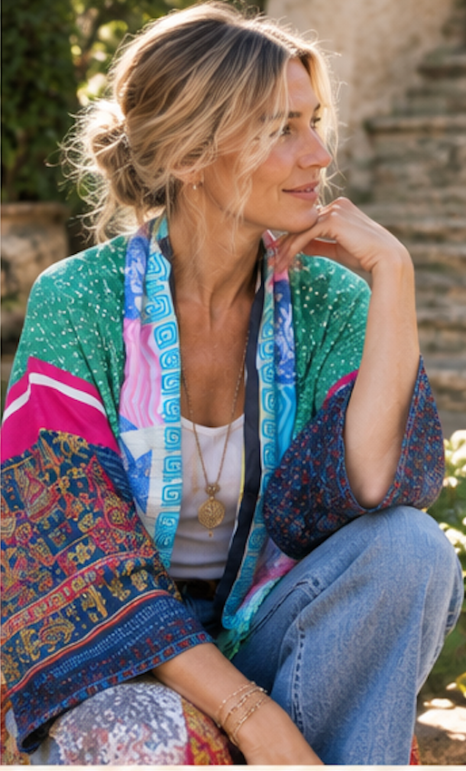 A woman wearing a vibrant, multicolored patchwork shawl with bohemian patterns and blue jeans, sitting outdoors in front of stone steps.