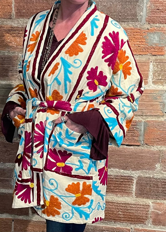 Hand Embroidered Suzani Robe - Creme.