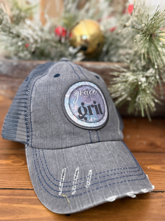 Distressed Trucker Hats - Vintage Cotton, Unstructured, Washed, Velcro Closure, Patches with Inspiring Messages - Grace & Grit