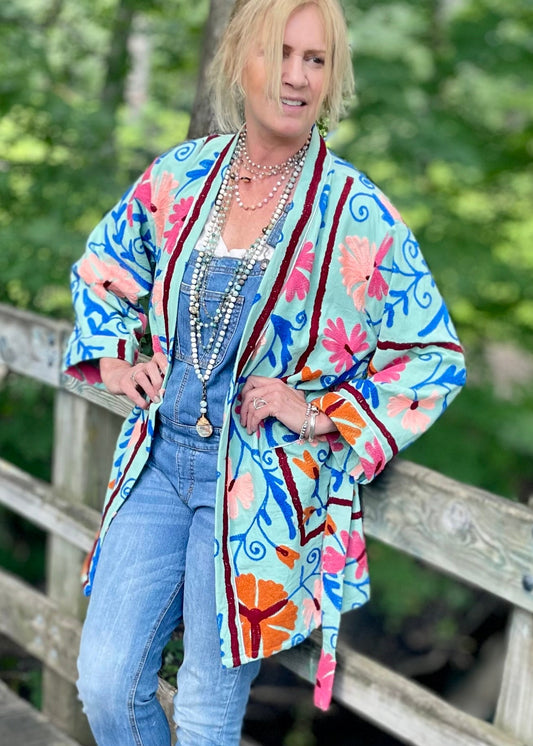 Hand Embroidered Suzani Robe - Blue.