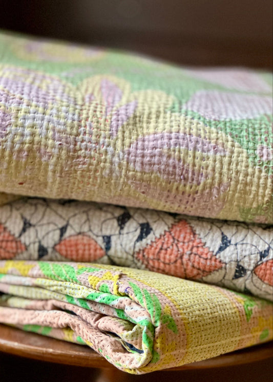 Theodora Reversible Kantha Quilts. Pastel/Blue Set of 3.