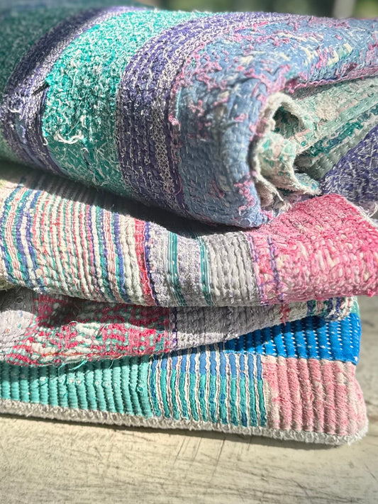 Theodora Reversible Kantha Quilts. Blue, Green, Pink  Set of 3