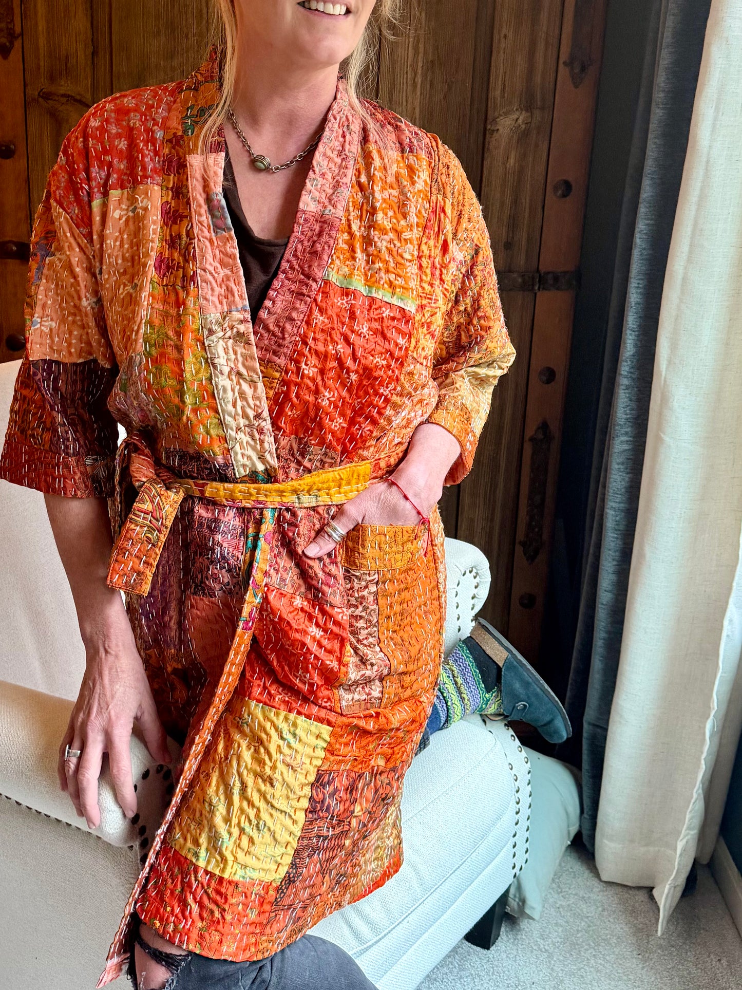 Cassidy Hand Stitched Reversible Silk Kantha Jacket - Orange