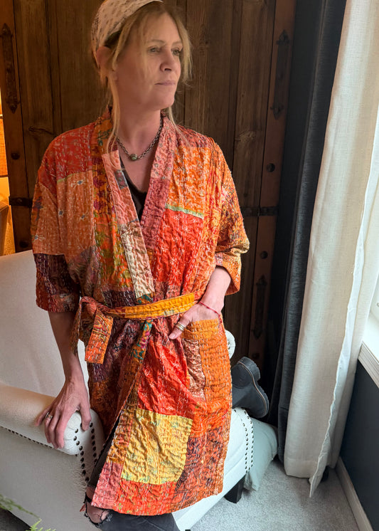 Cassidy Hand Stitched Reversible Silk Kantha Jacket - Orange