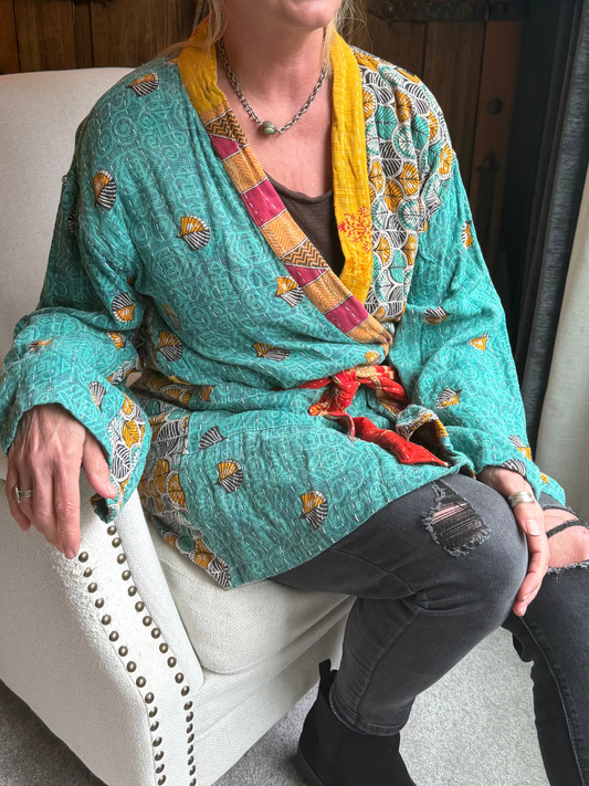Vintage Kantha Jacket – Reversible Bohemian Robe - Green