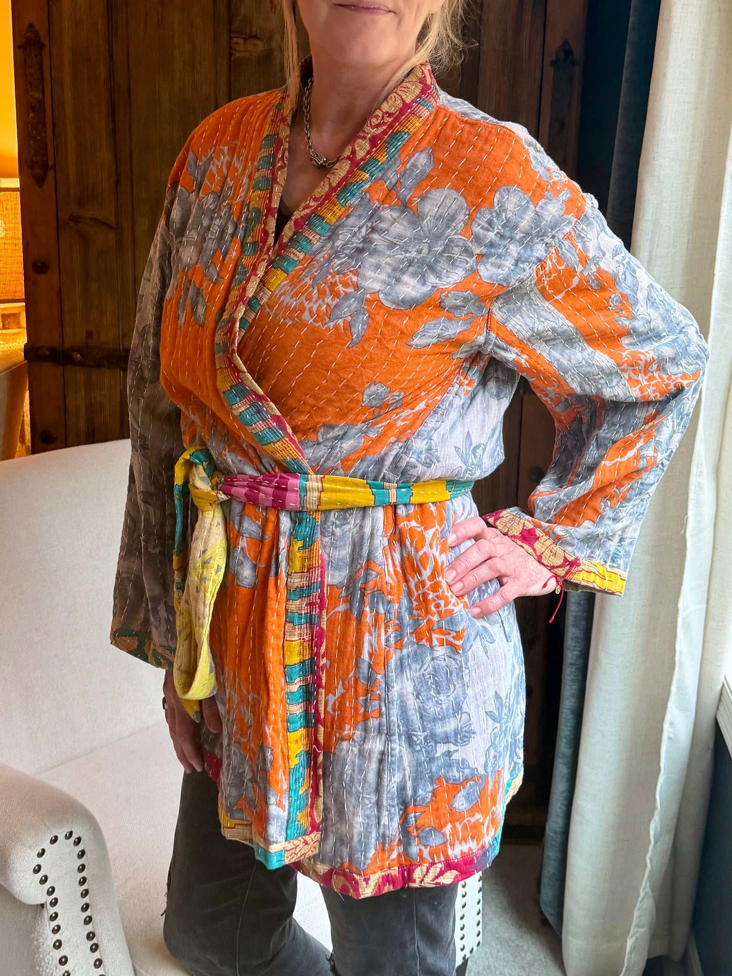 Vintage Kantha Jacket – Reversible Bohemian Robe - Orange & Grey