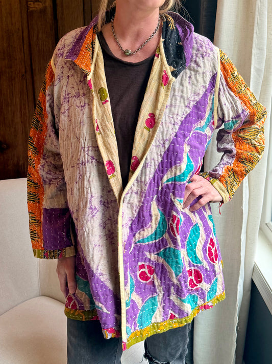 Wanderer Reversible Kantha Robe Button Front - Purple & Blue