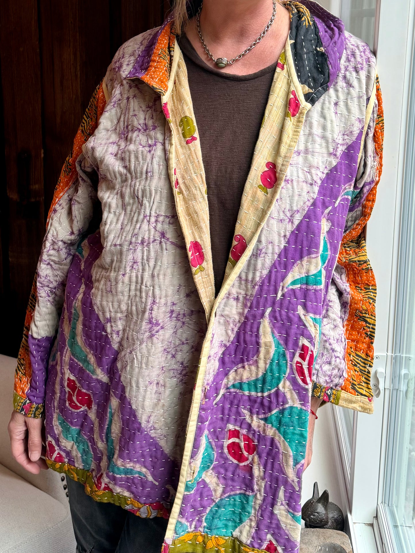 Wanderer Reversible Kantha Robe Button Front - Purple & Blue