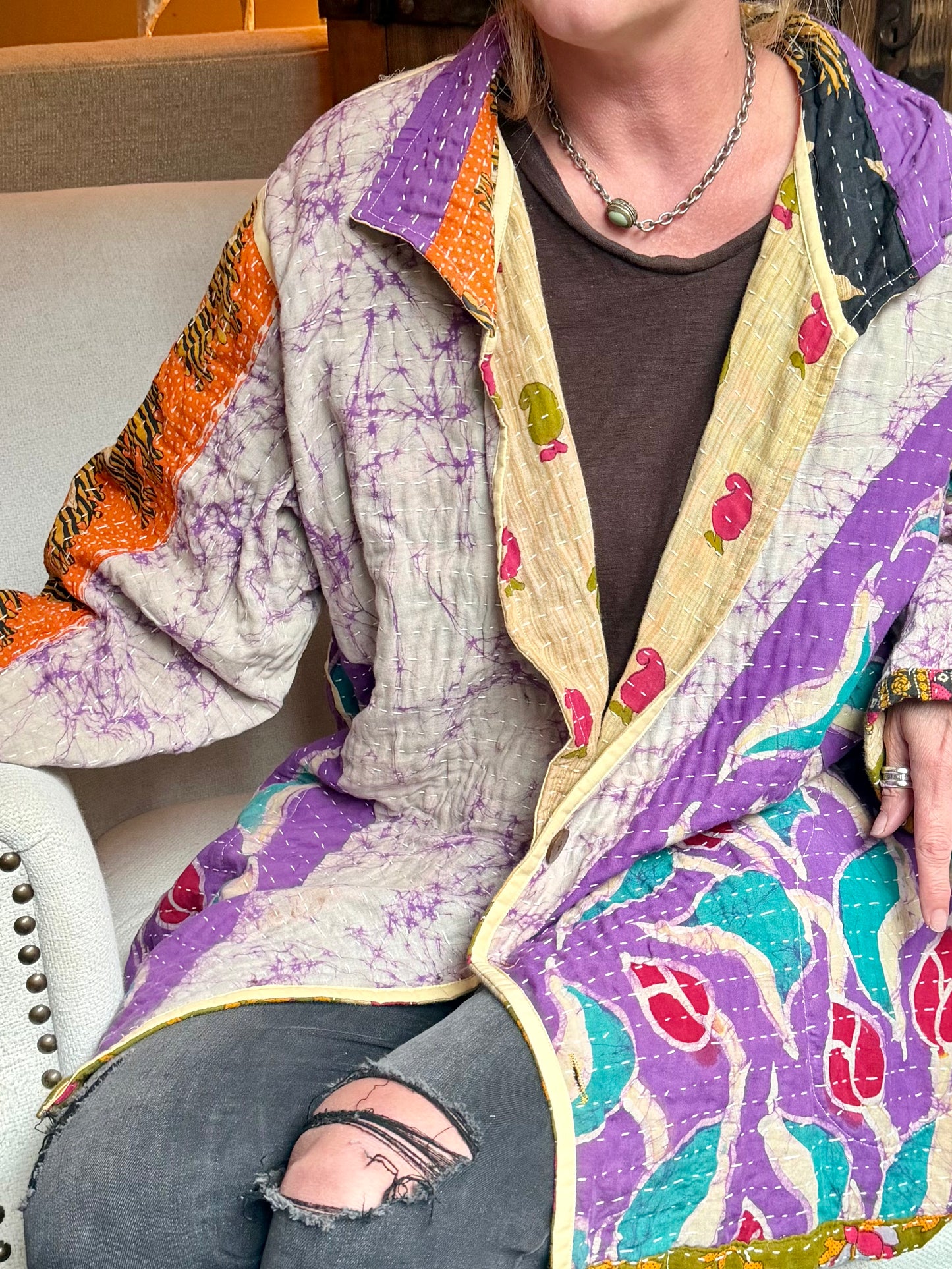 Wanderer Reversible Kantha Robe Button Front - Purple & Blue