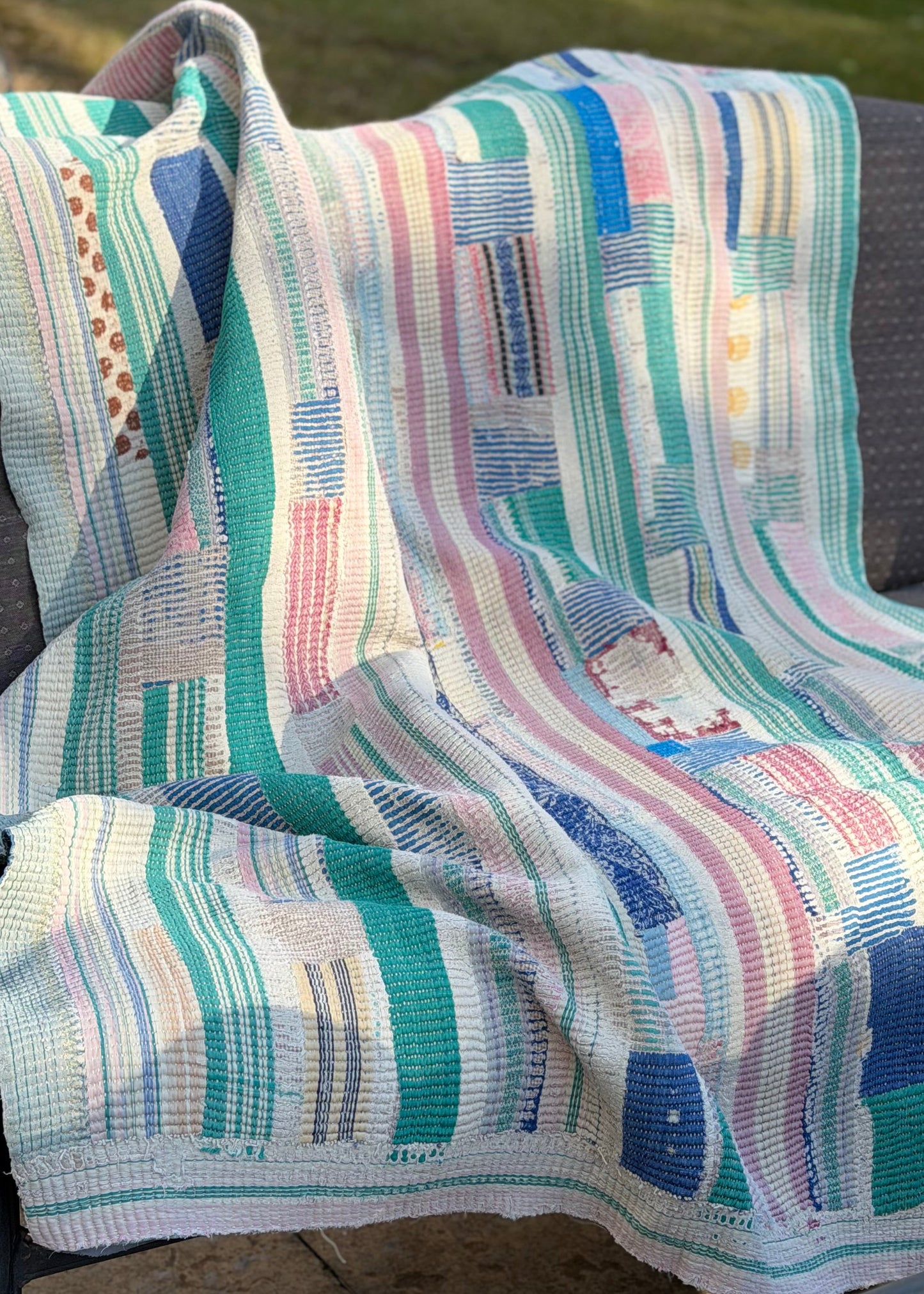 Theodora Reversible Kantha Quilts. Blue, Green, Pink  Set of 3