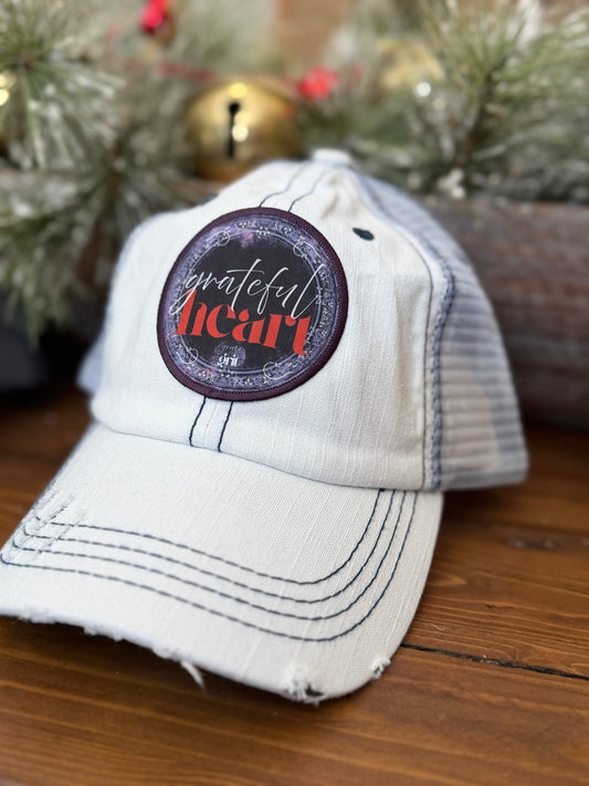 Distressed Trucker Hats - Vintage Cotton, Unstructured, Washed, Velcro Closure, Patches with Inspiring Messages Grateful Heart