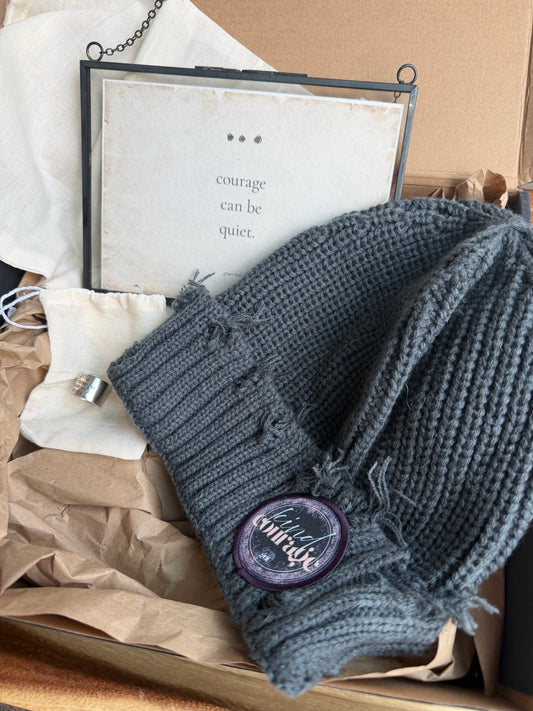 Kind Courage Gift Box – Winter Beanie, 7×5 Hanging Art & “Stronger Than You Think” Ring