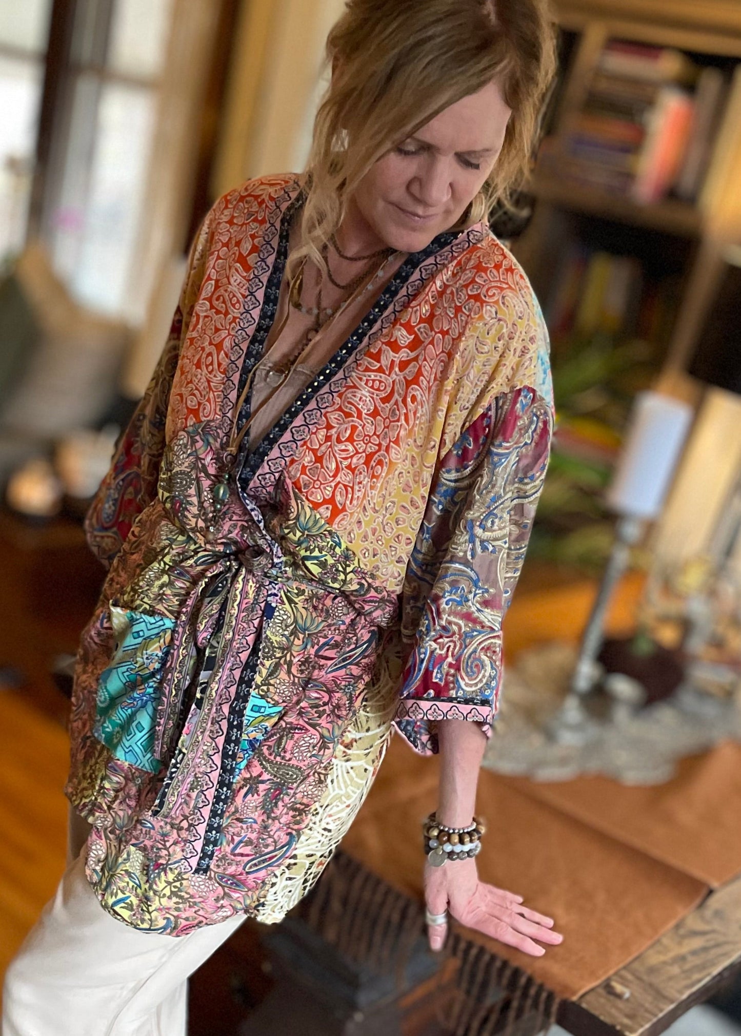 Topangea Silk Sari Robe. Peach