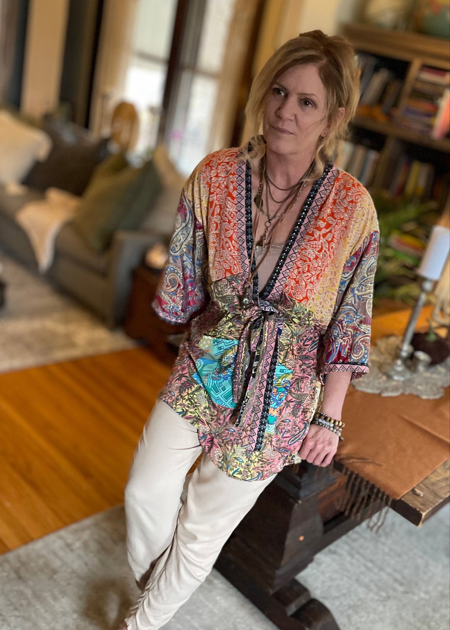 Topangea Silk Sari Robe. Peach