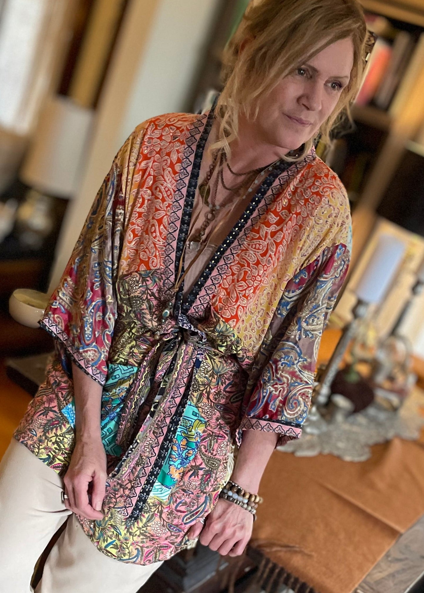 Topangea Silk Sari Robe. Peach