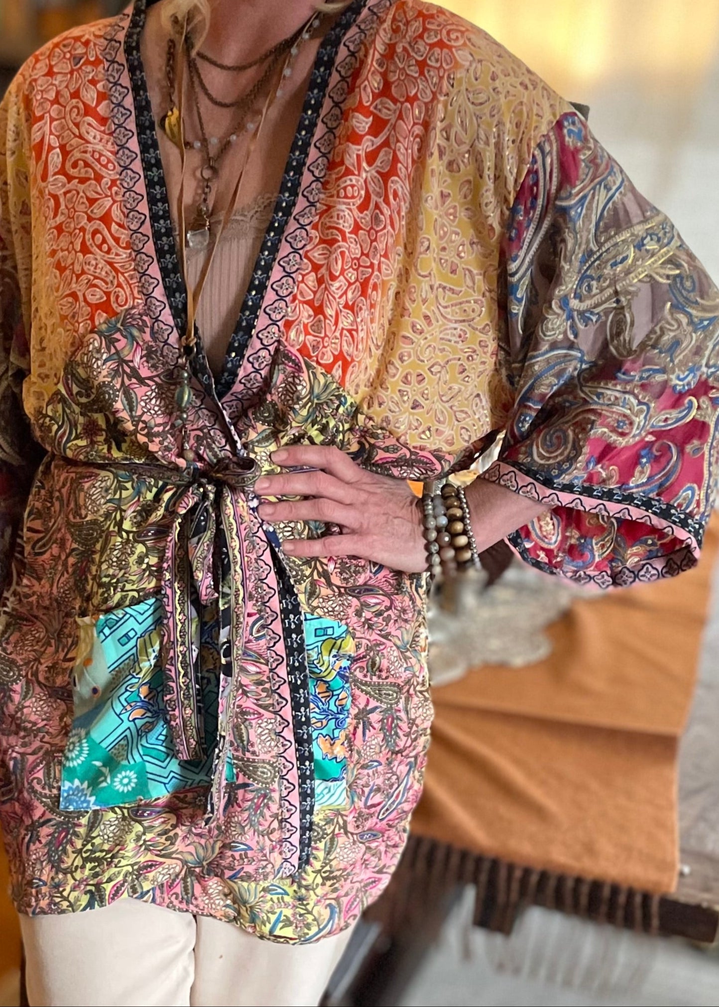 Topangea Silk Sari Robe. Peach