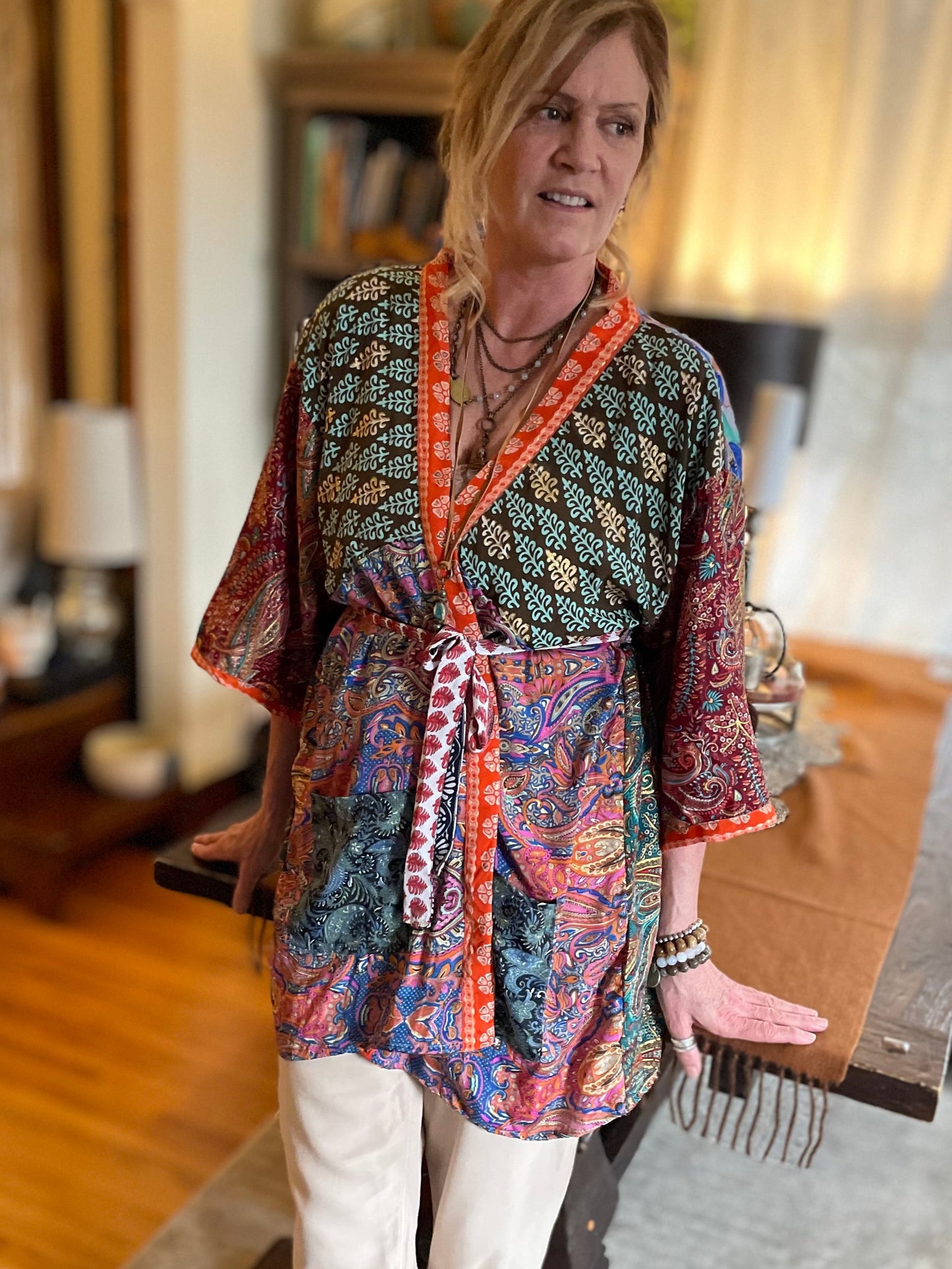 Topangea Silk Sari Robe. Red/Teal