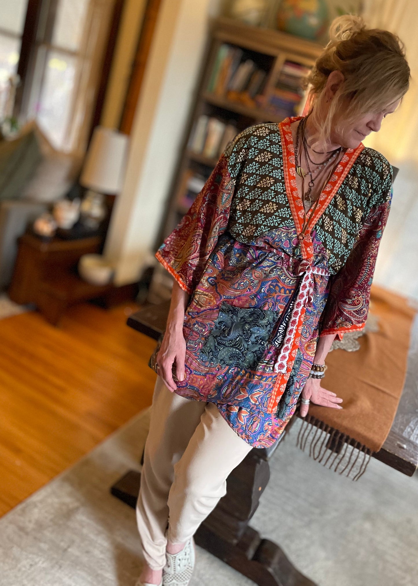 Topangea Silk Sari Robe. Red/Teal