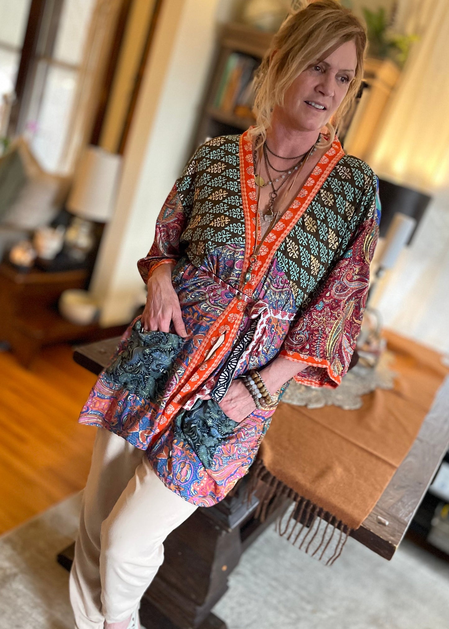 Topangea Silk Sari Robe. Red/Teal