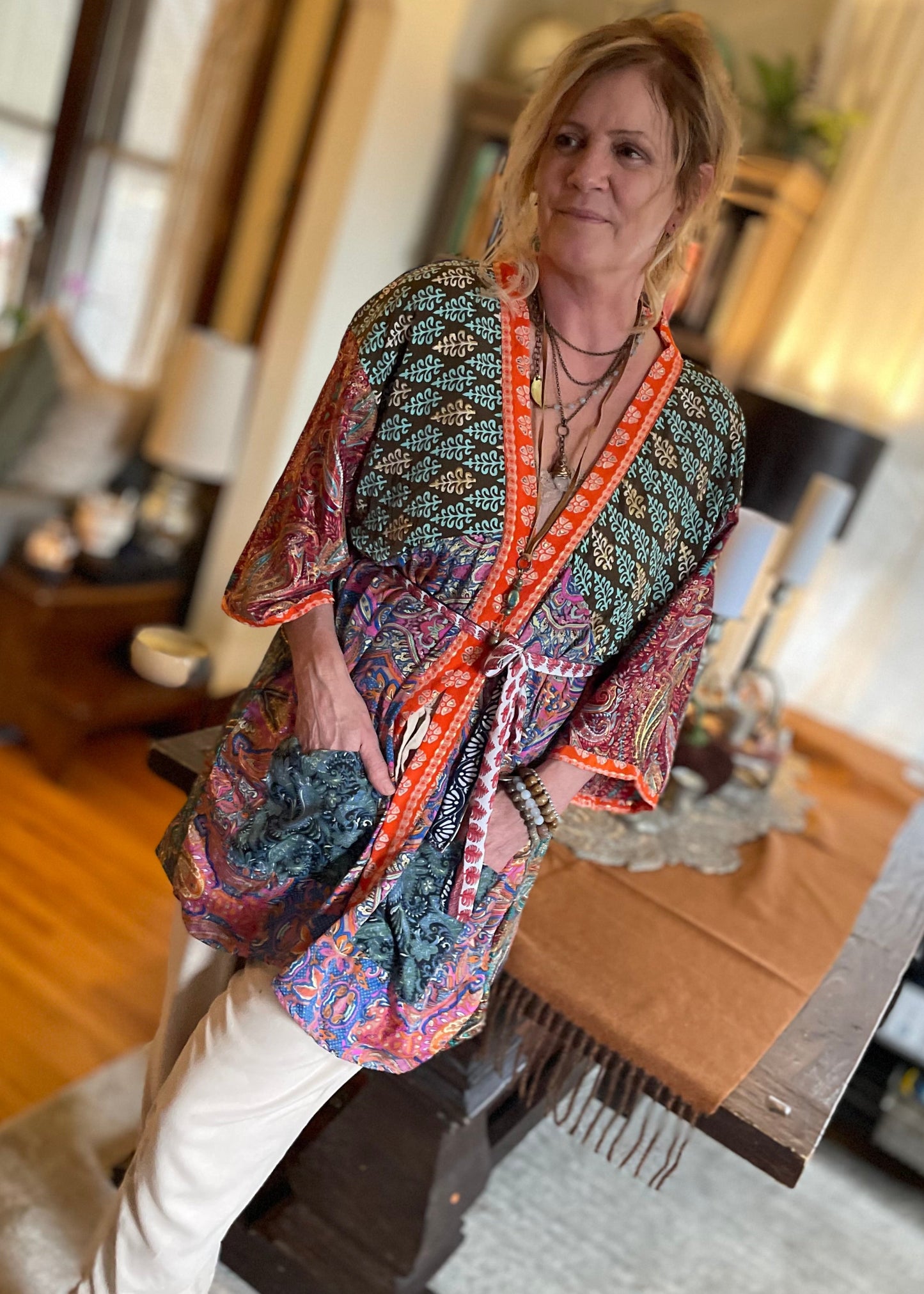 Topangea Silk Sari Robe. Red/Teal