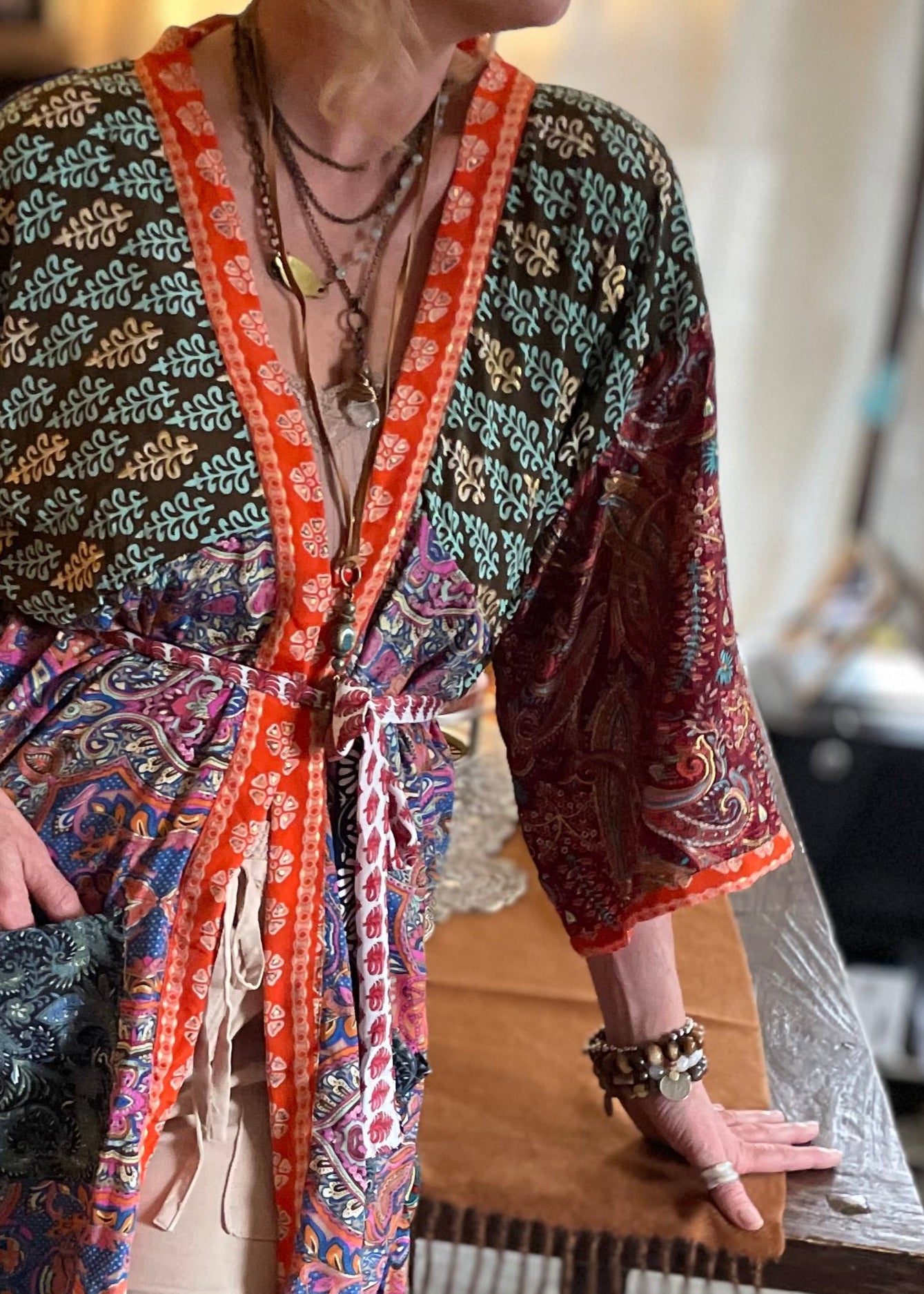 Topangea Silk Sari Robe. Red/Teal