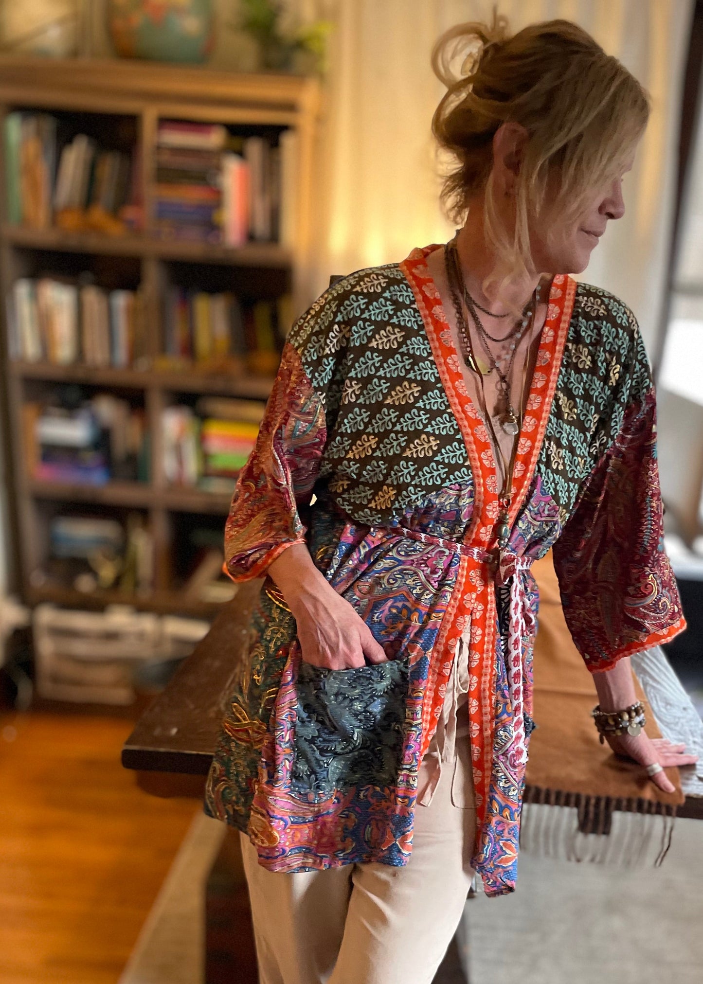 Topangea Silk Sari Robe. Red/Teal