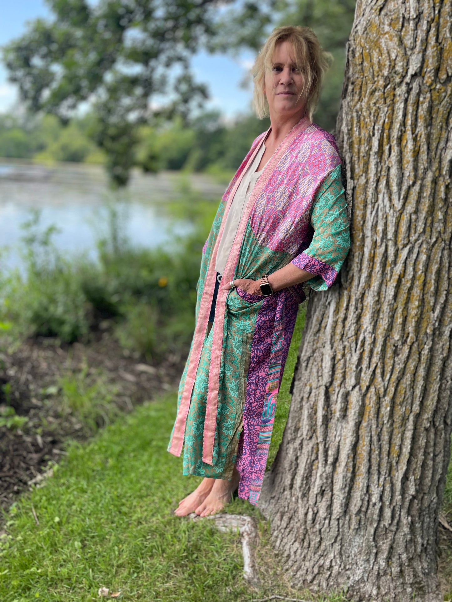 Annabelle Silk Sari Robe -  Light Green and Pink