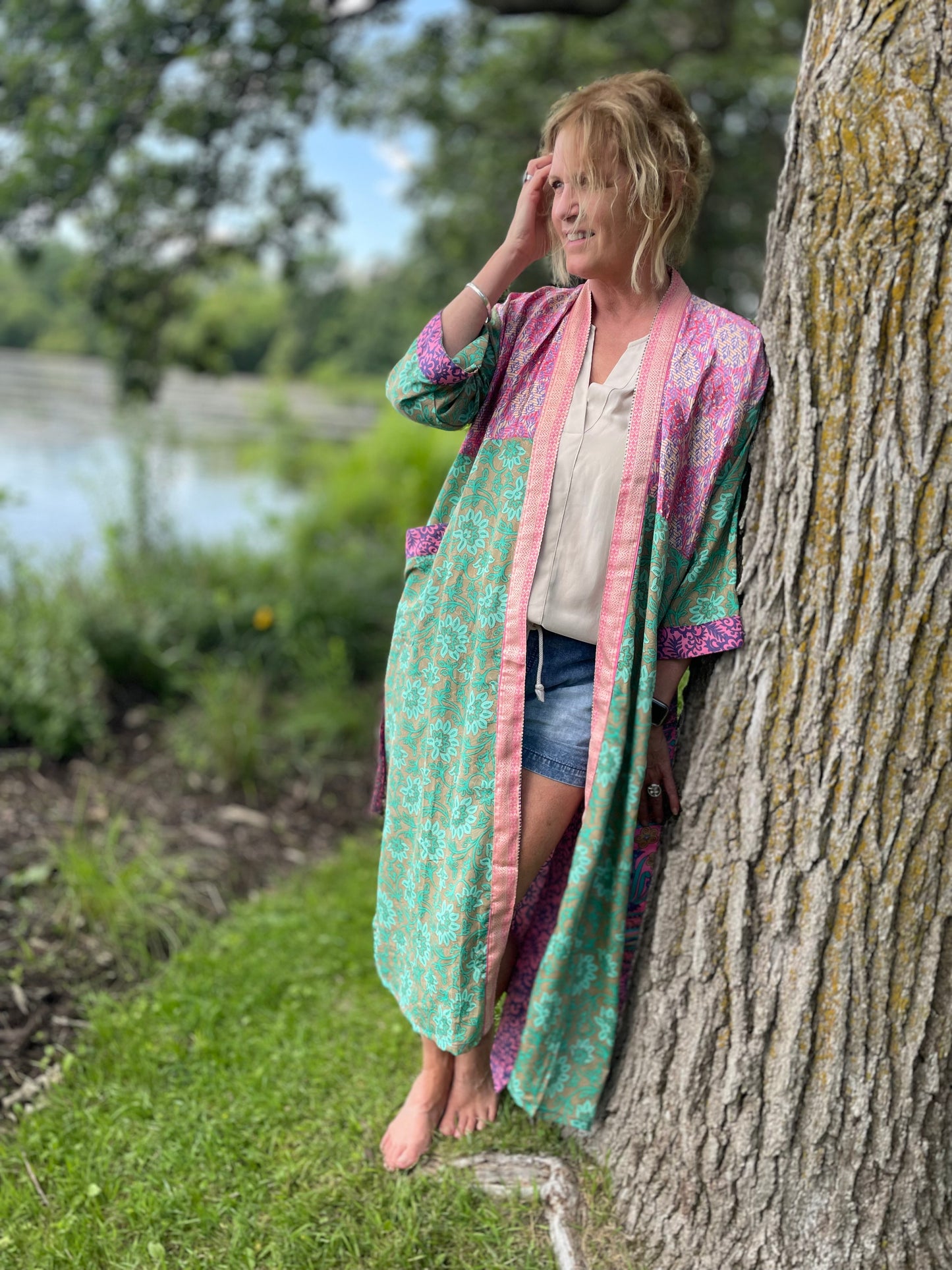 Annabelle Silk Sari Robe -  Light Green and Pink