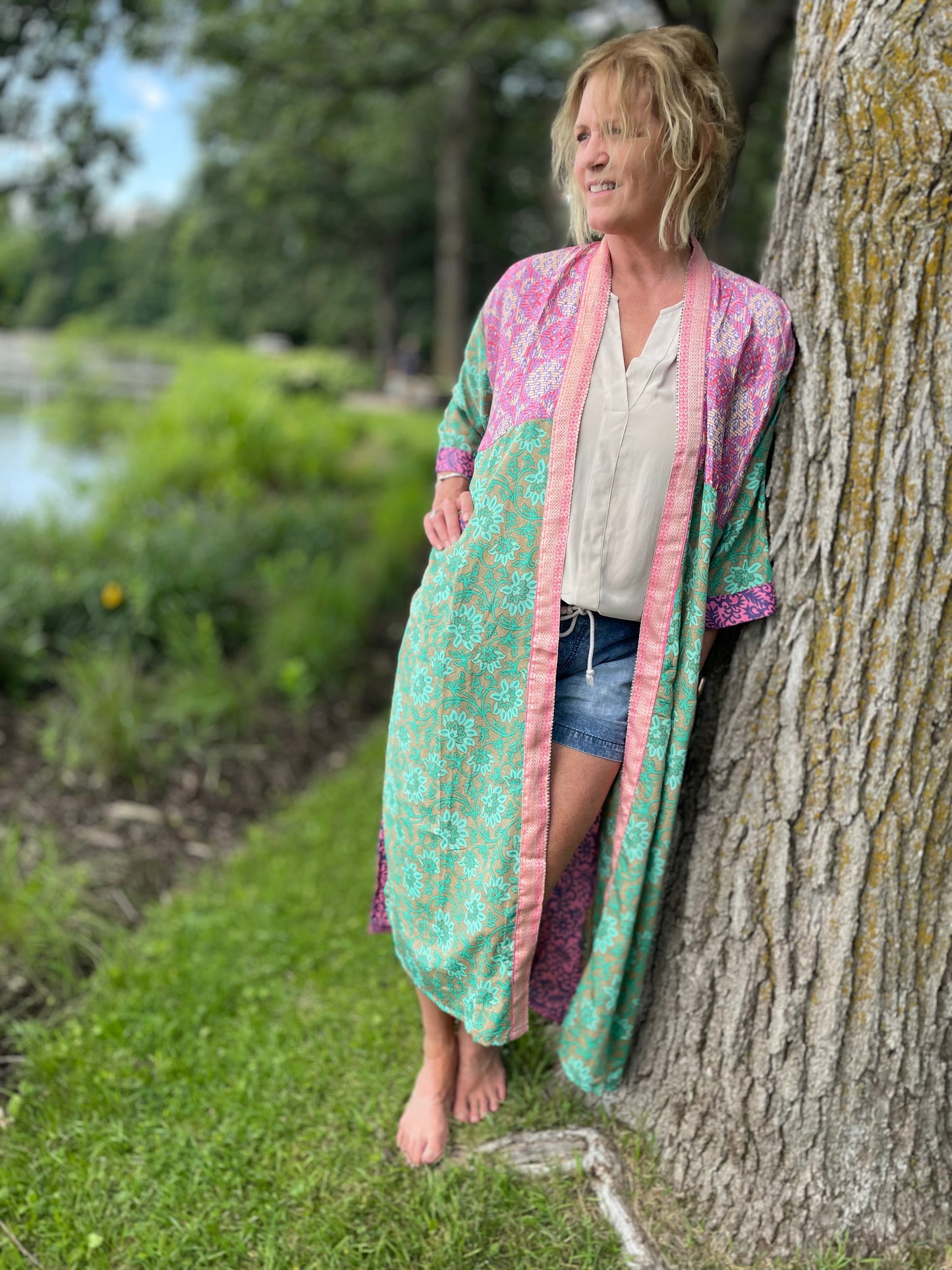 Annabelle Silk Sari Robe -  Light Green and Pink