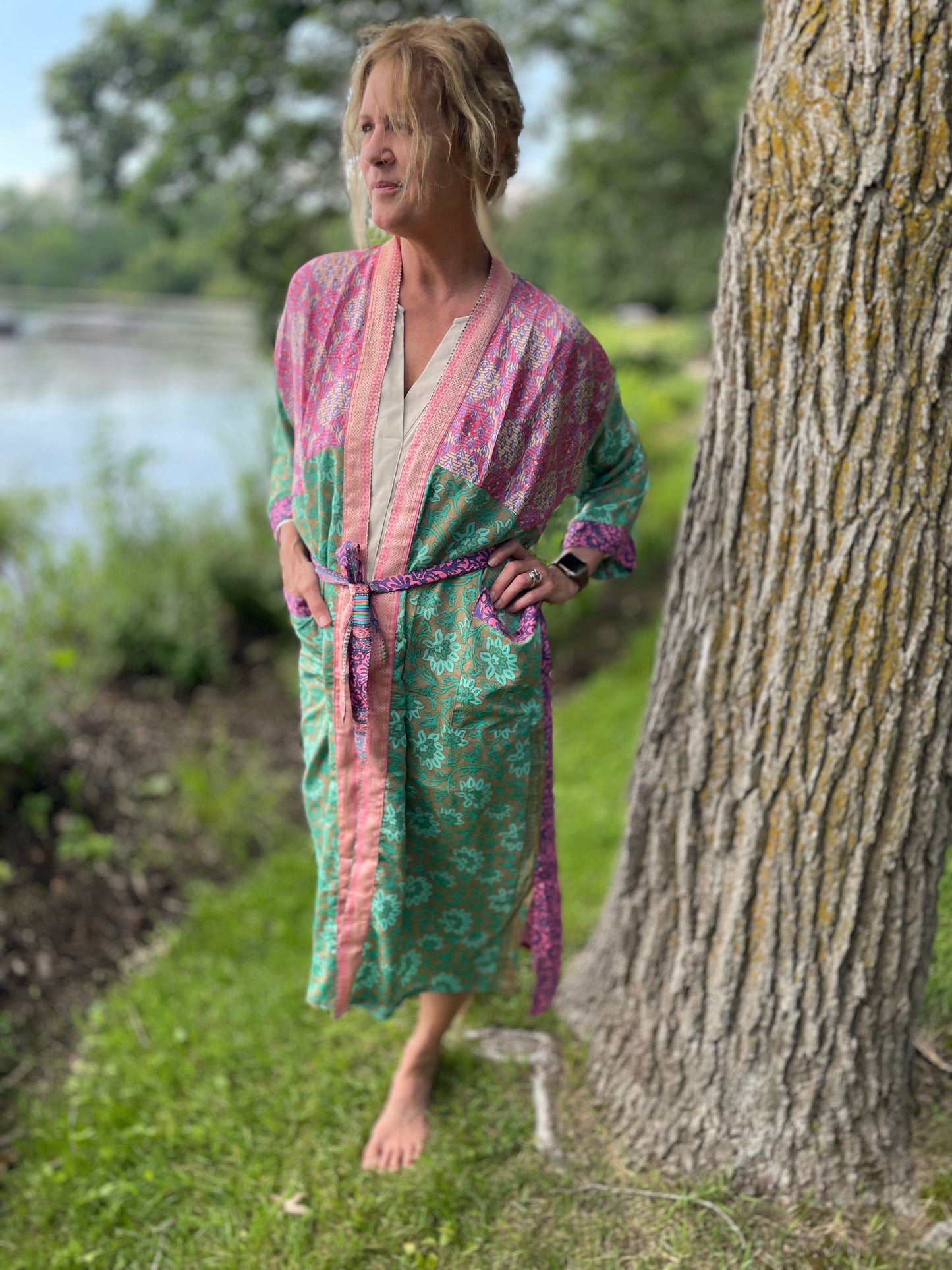 Annabelle Silk Sari Robe -  Light Green and Pink