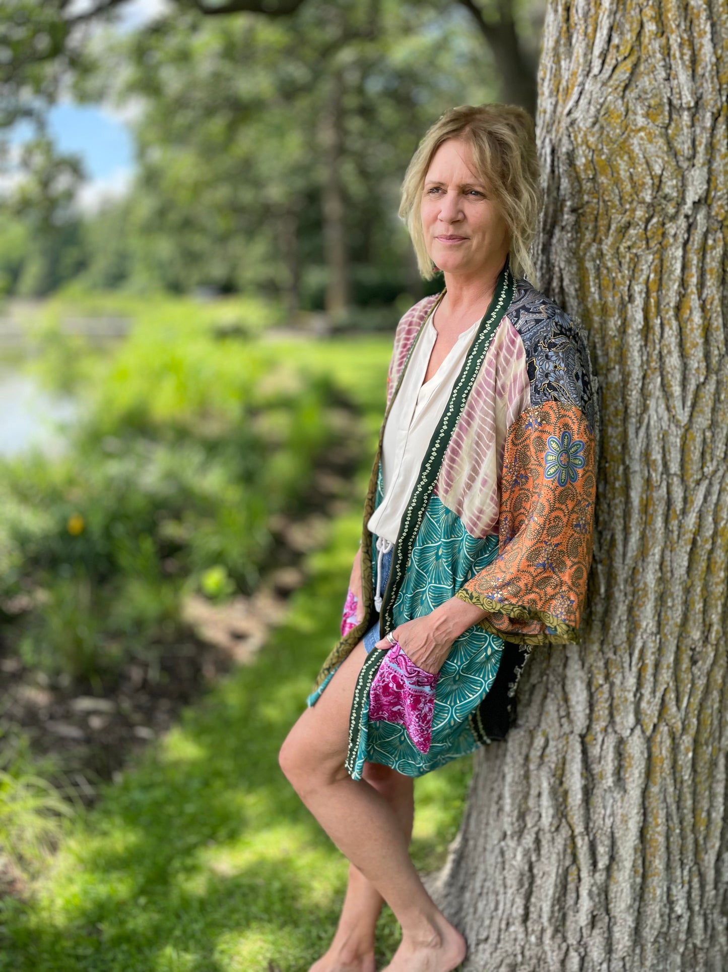 Topangea Silk Sari Robe - Green and Orange