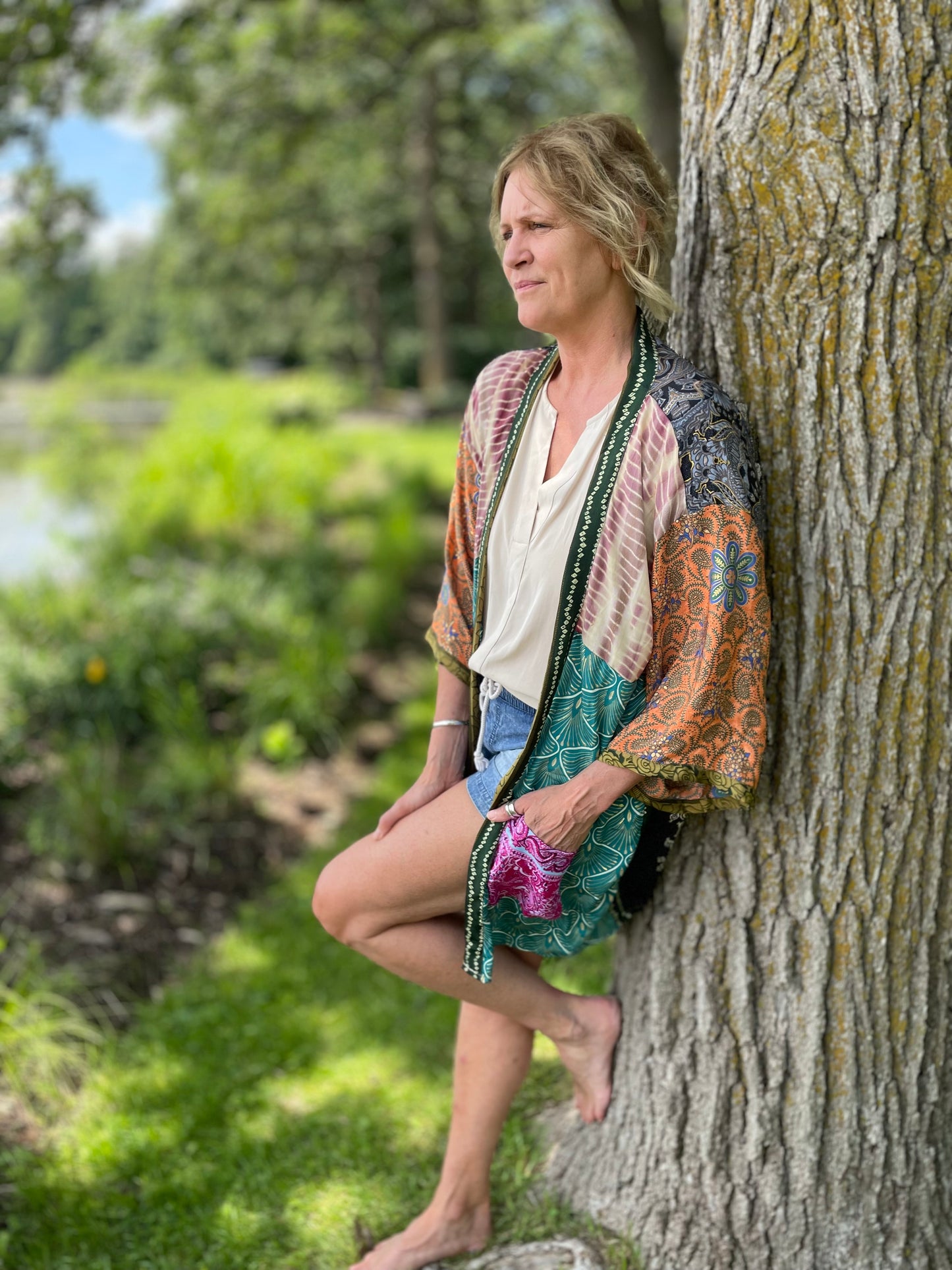 Topangea Silk Sari Robe - Green and Orange