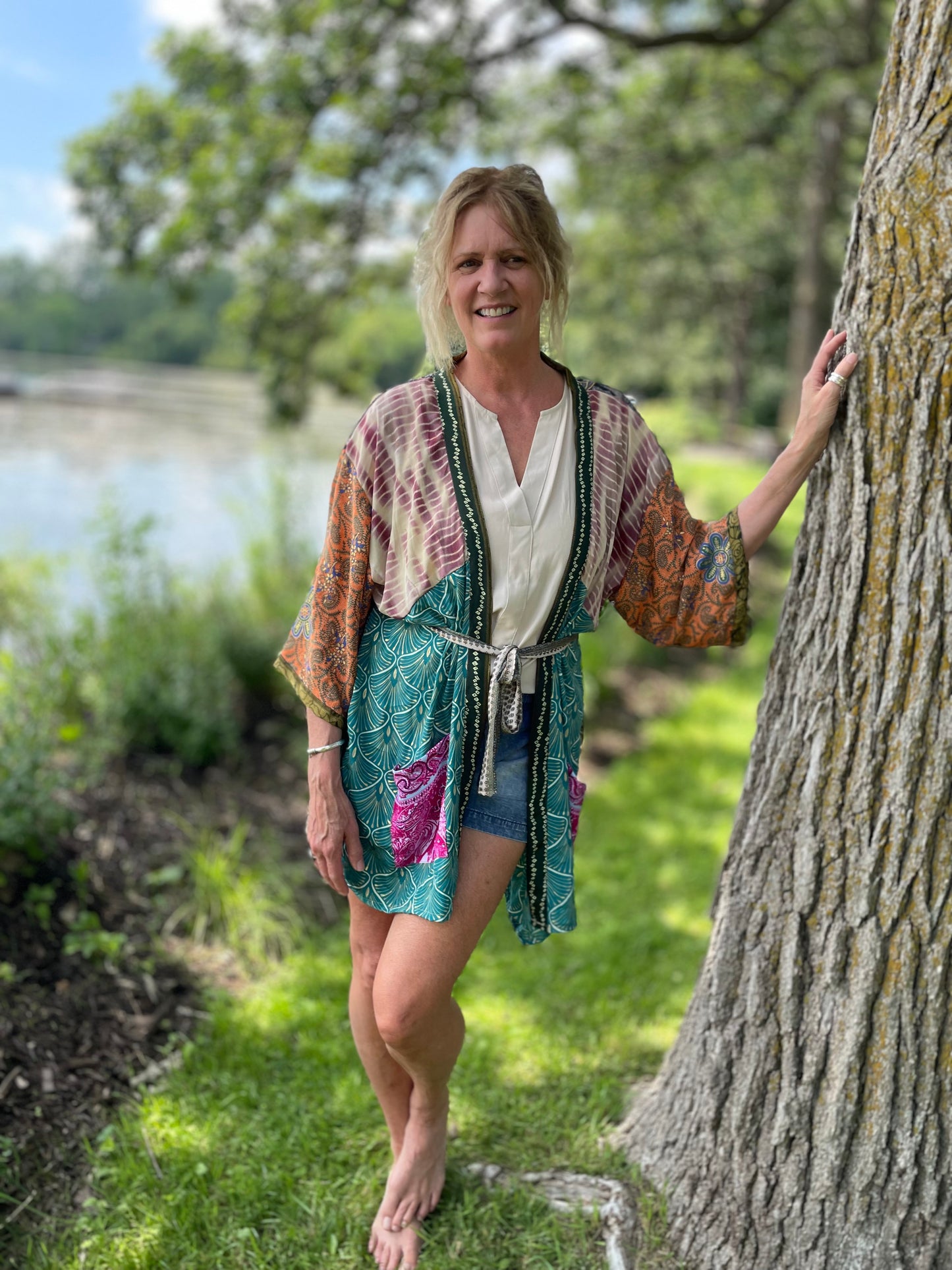 Topangea Silk Sari Robe - Green and Orange