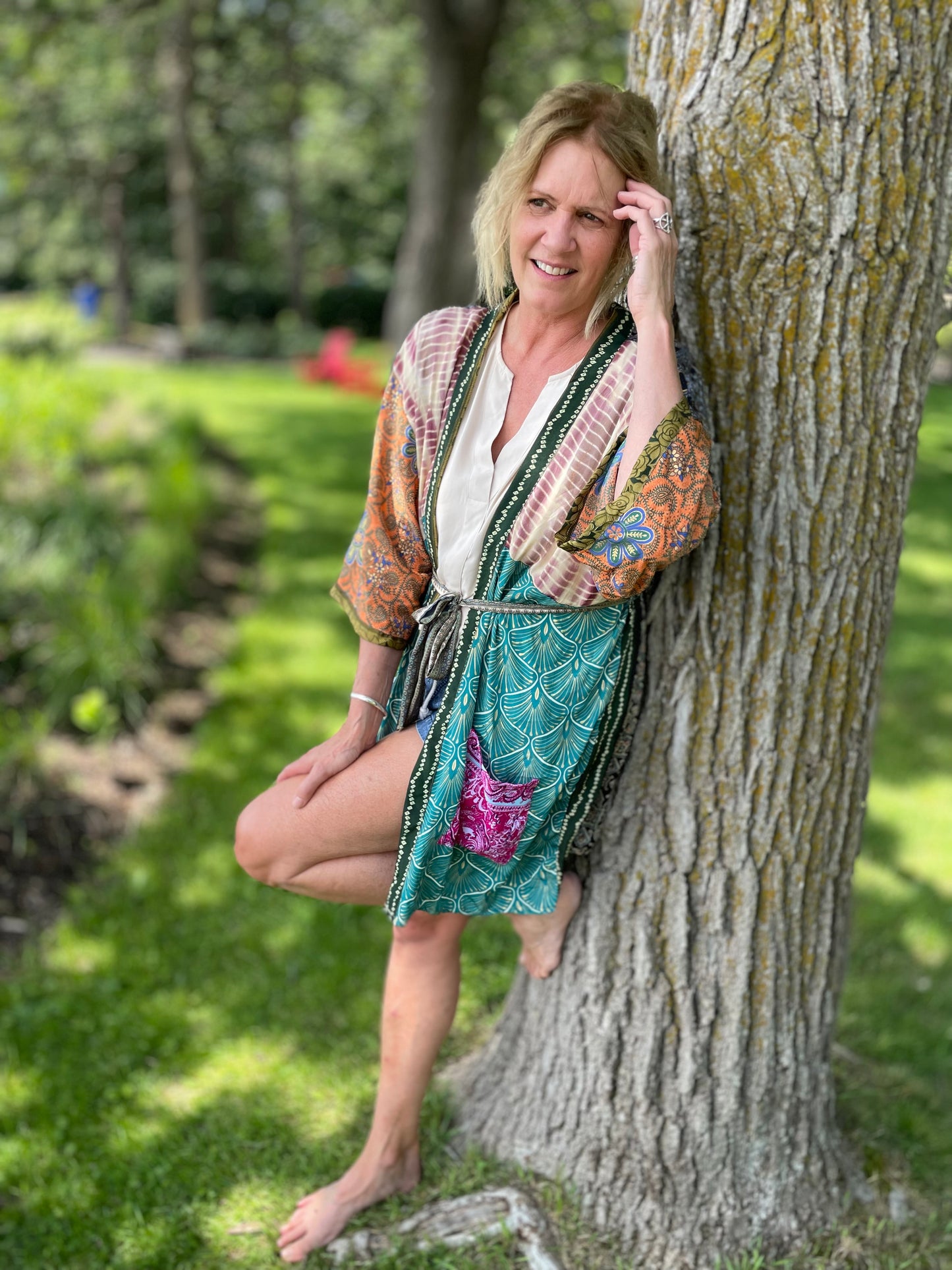 Topangea Silk Sari Robe - Green and Orange