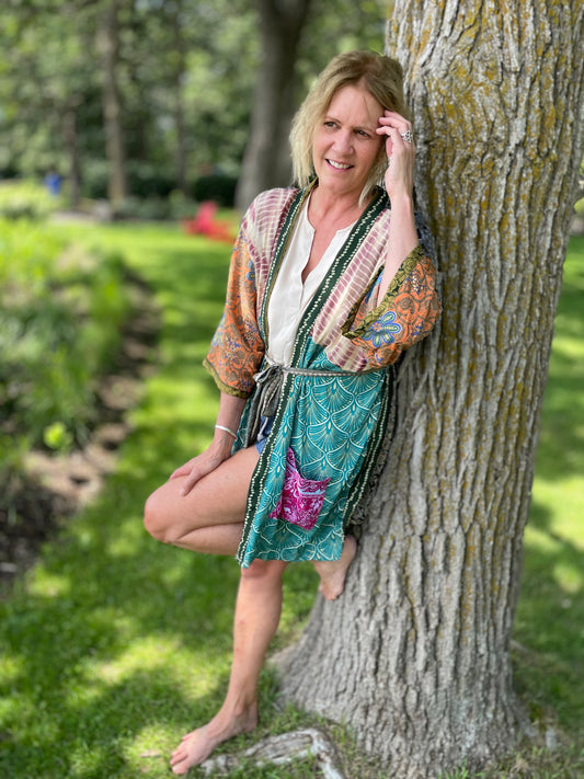 Topangea Silk Sari Robe - Green and Orange