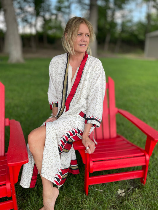 Annabelle Silk Sari Robe - White and Red