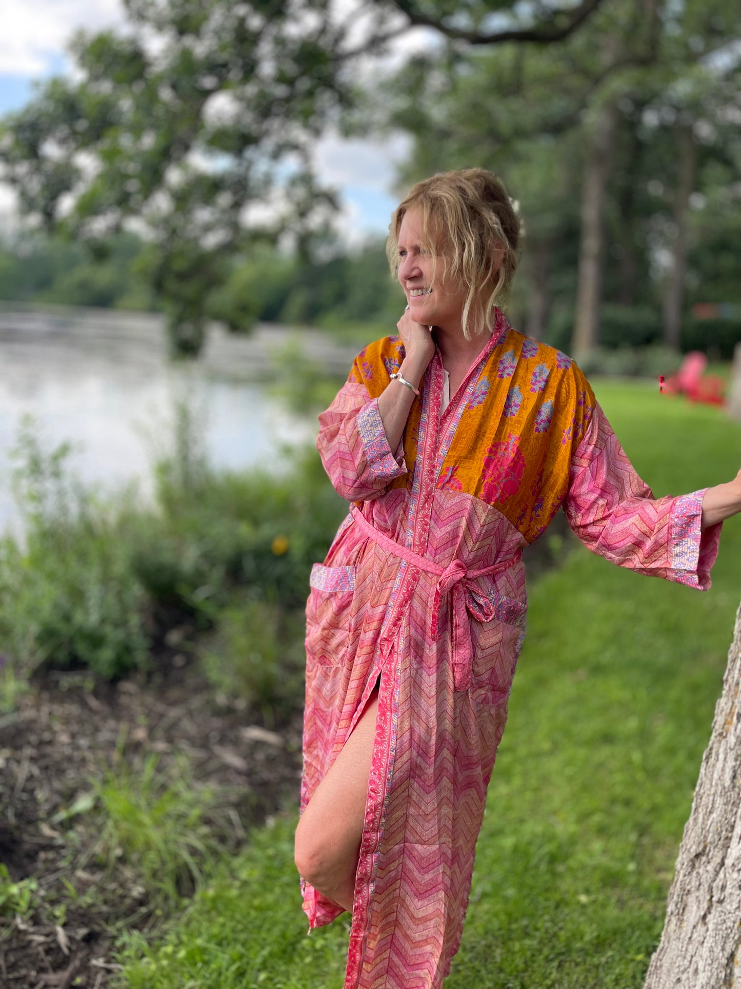 Annabelle Silk Sari Robe - Pink and Orange