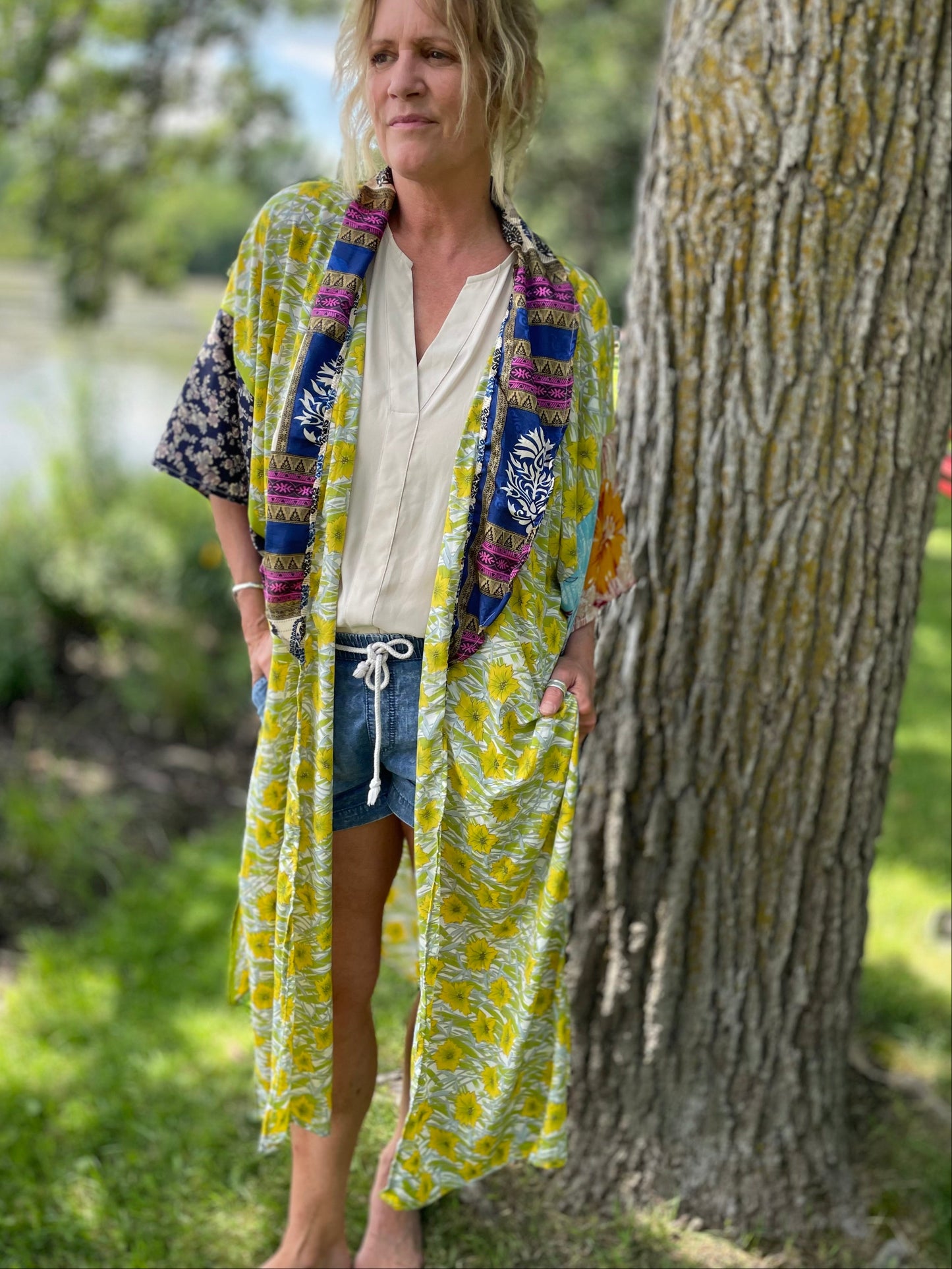 The Hey Delilah Silk Duster Kimono - Lime Green, Creme