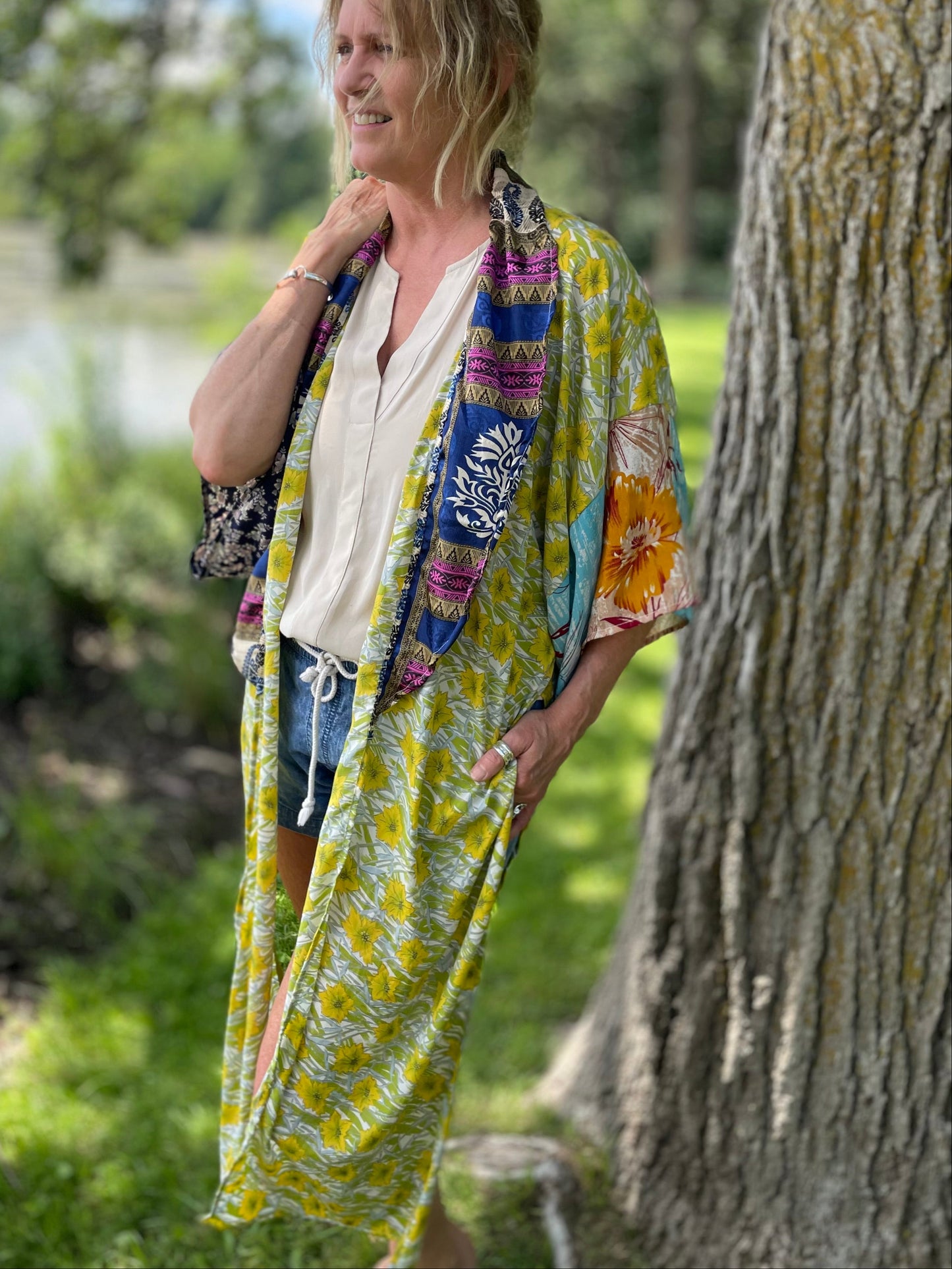 The Hey Delilah Silk Duster Kimono - Lime Green, Creme