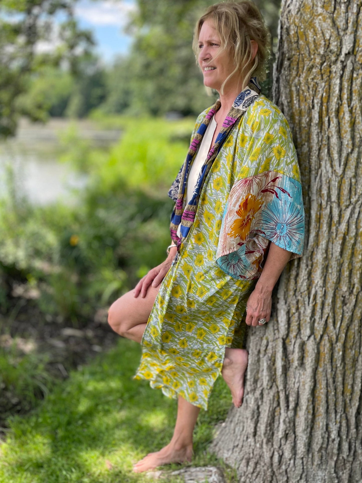 The Hey Delilah Silk Duster Kimono - Lime Green, Creme