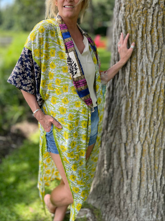 The Hey Delilah Silk Duster Kimono - Lime Green, Creme