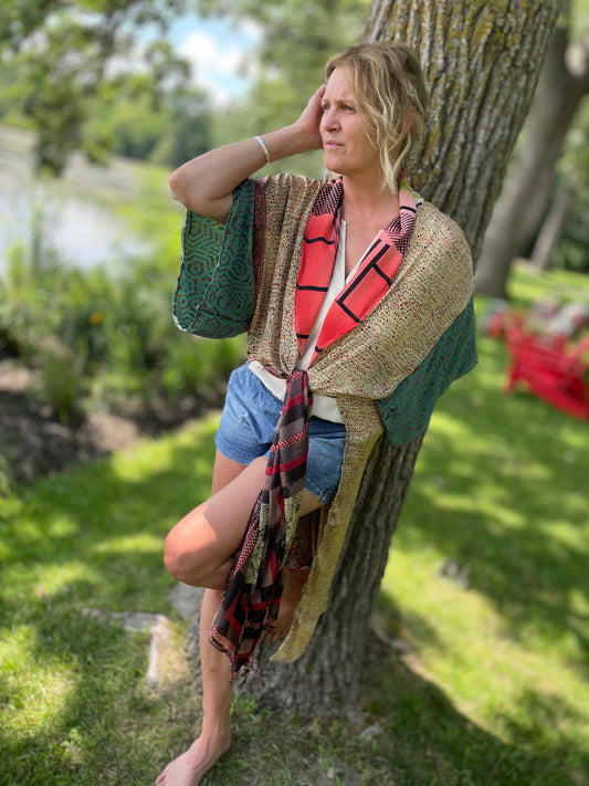 The Hey Delilah Silk Duster Kimono - Tan, Green