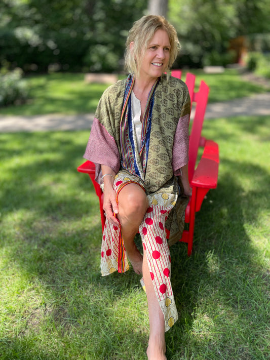 The Hey Delilah Silk Duster Kimono - Red, Green Multi