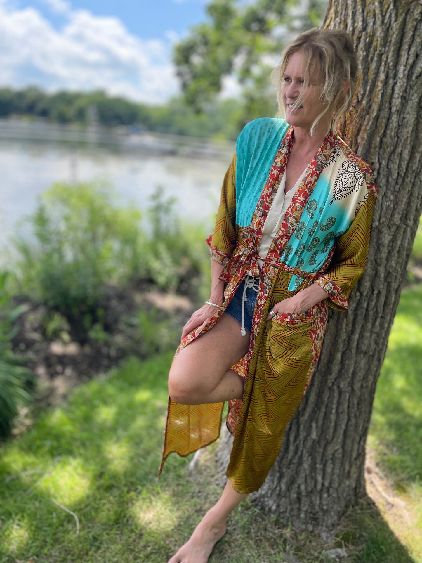 Annabelle Silk Sari Robe - Teal and Gold