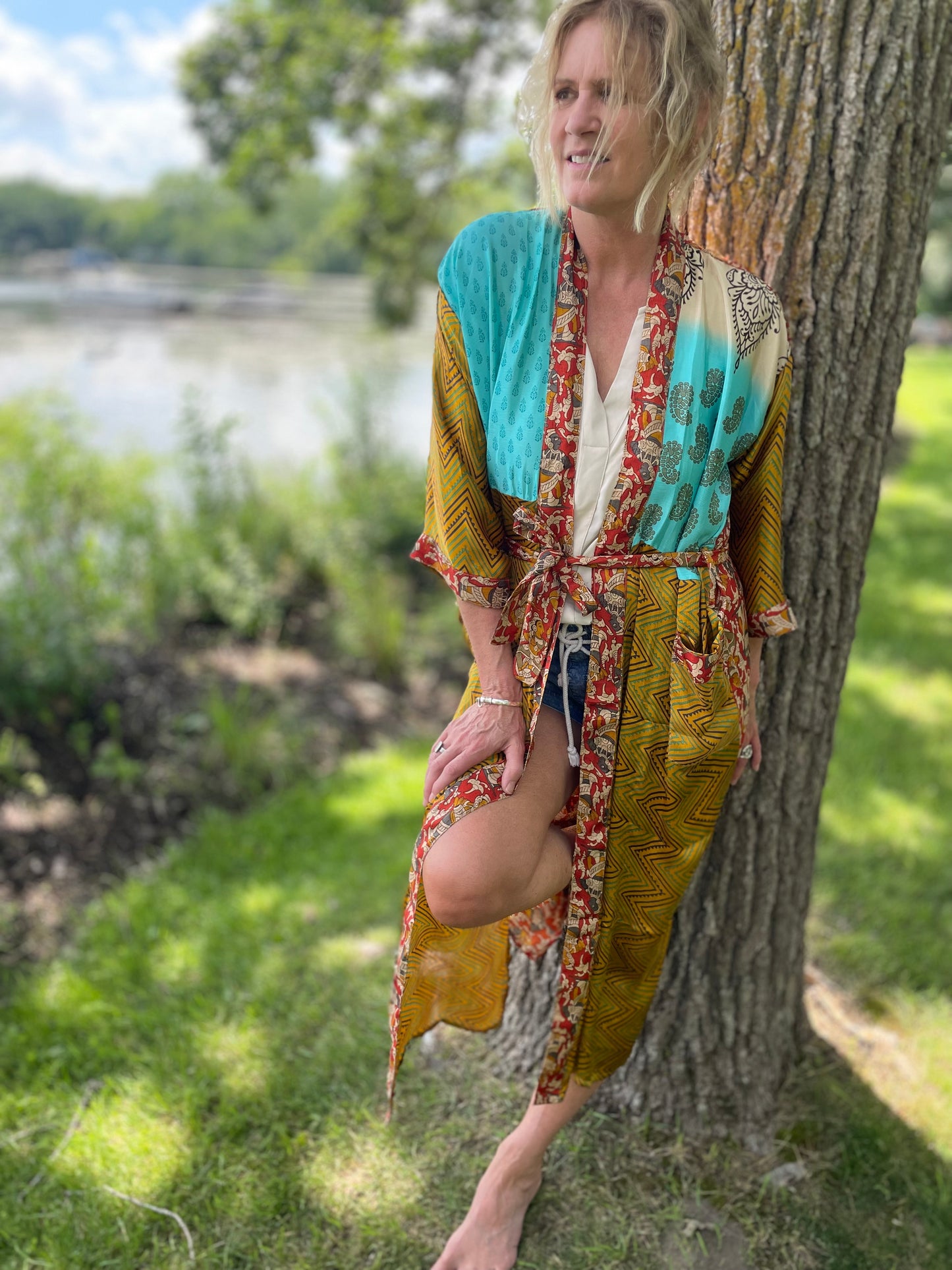 Annabelle Silk Sari Robe - Teal and Gold