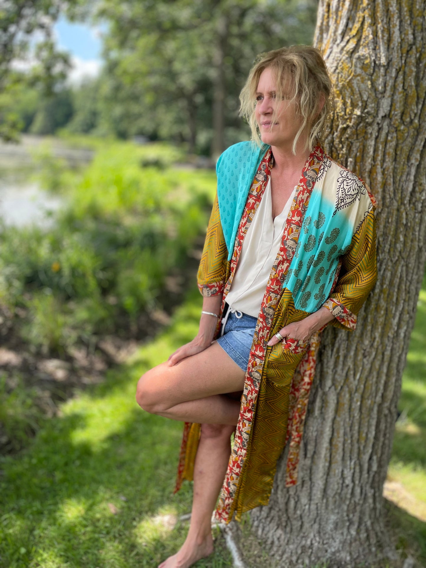 Annabelle Silk Sari Robe - Teal and Gold