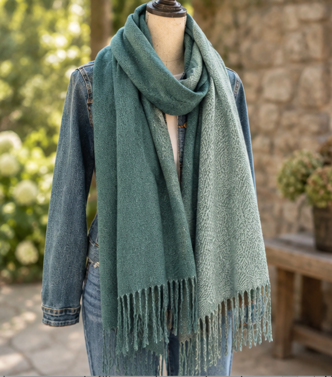 A sage green textured knit scarf with fringe ends, draped on a mannequin wearing a denim jacket and jeans, set against a blurred outdoor garden background.